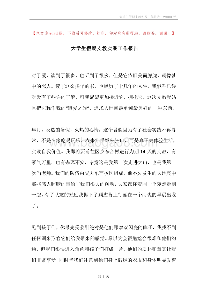 大学生假期支教实践工作报告.docx_第1页