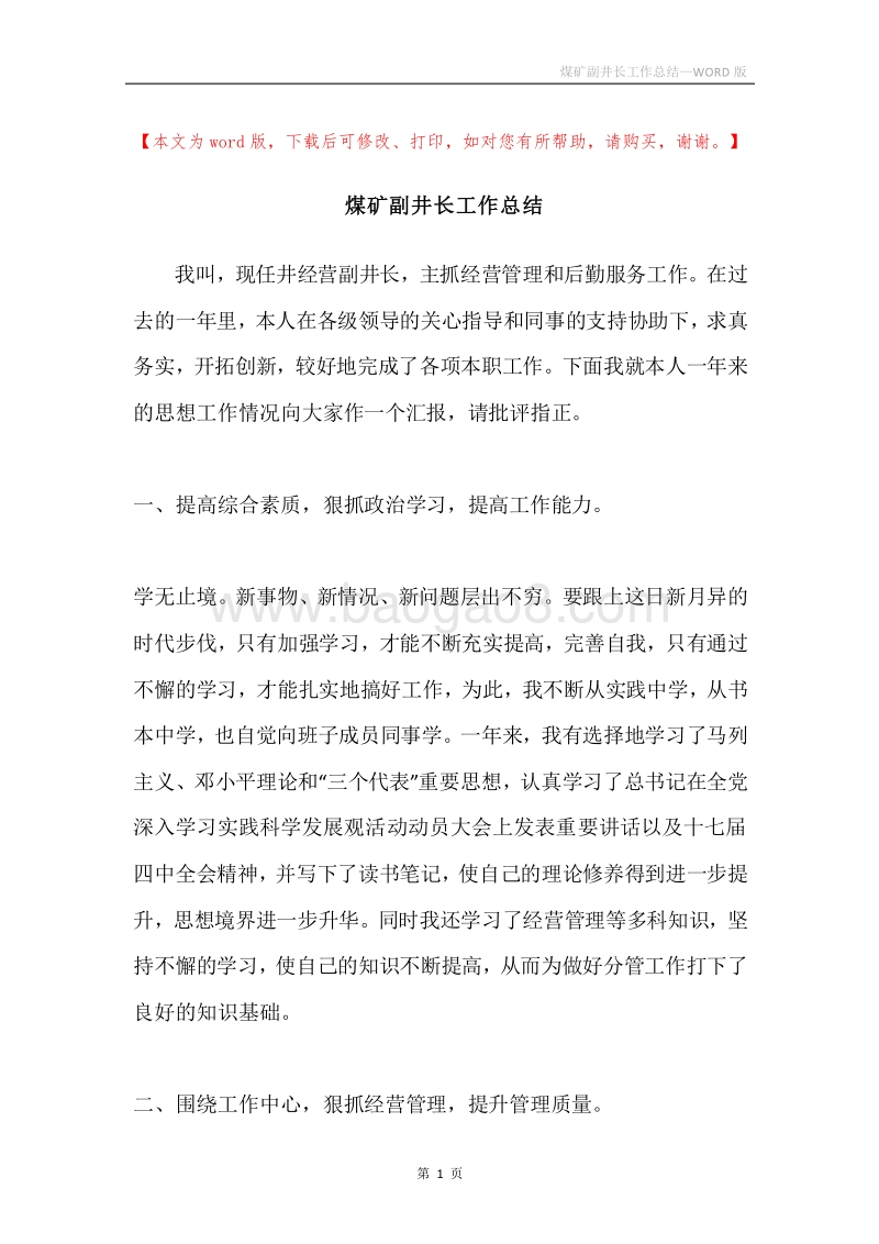 煤矿副井长工作总结.docx_第1页