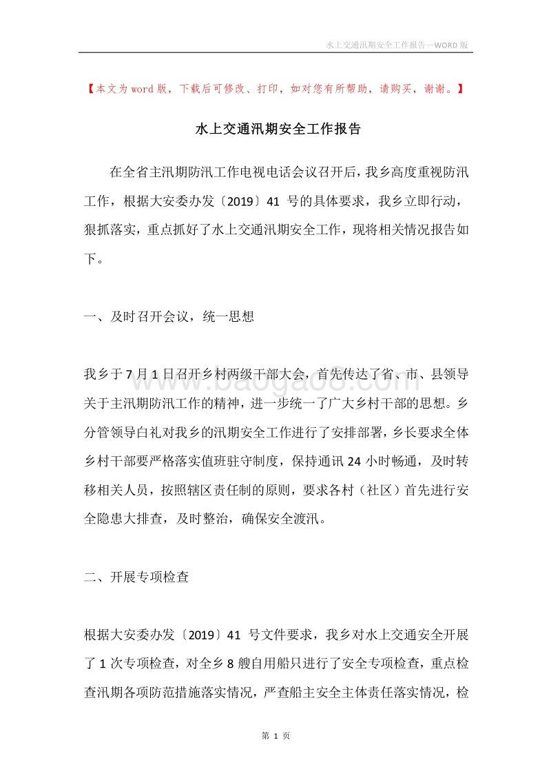 水上交通汛期安全工作报告.docx_第1页