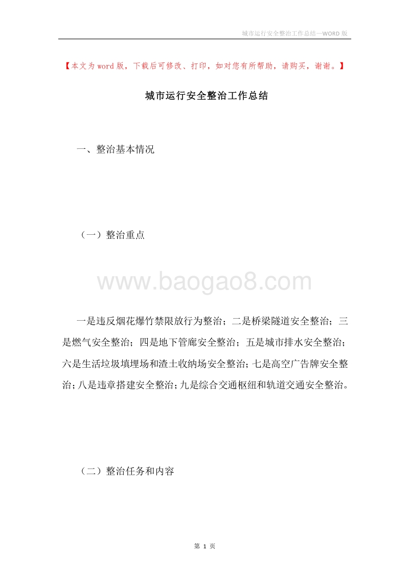 城市运行安全整治工作总结.docx_第1页