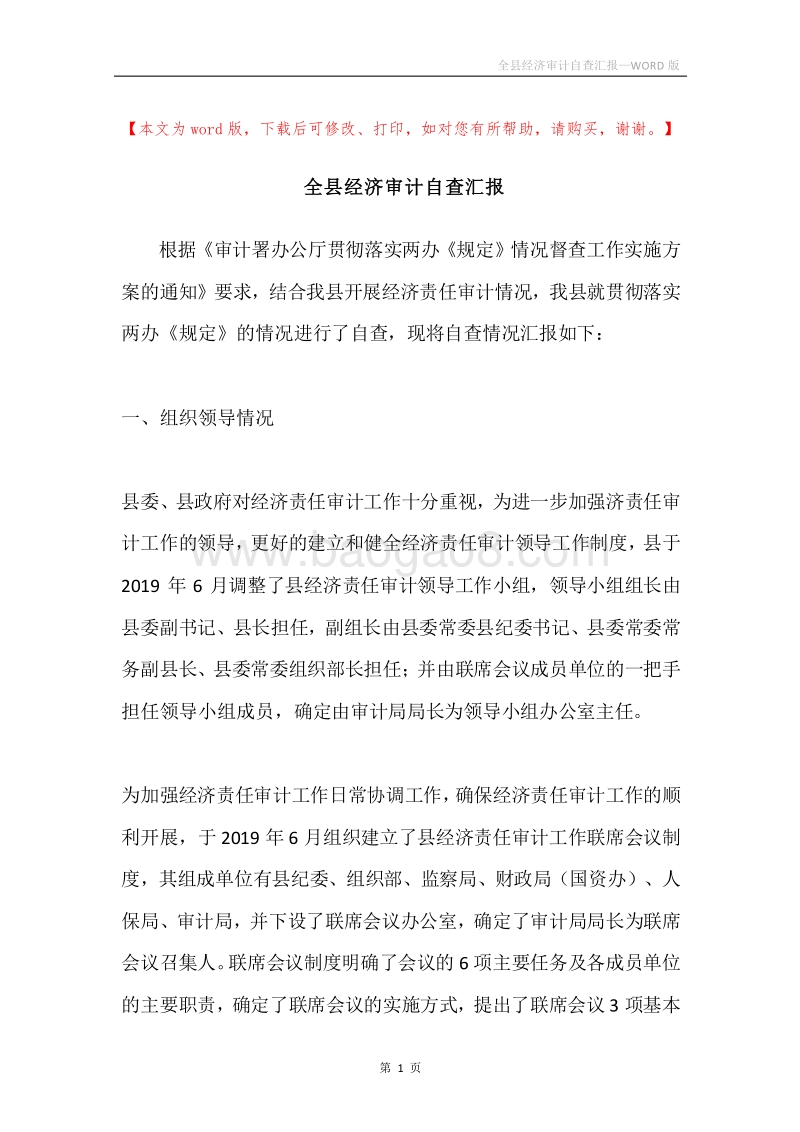 全县经济审计自查汇报.docx_第1页