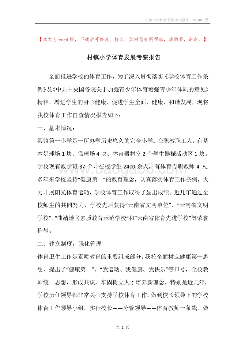 村镇小学体育发展考察报告.docx_第1页