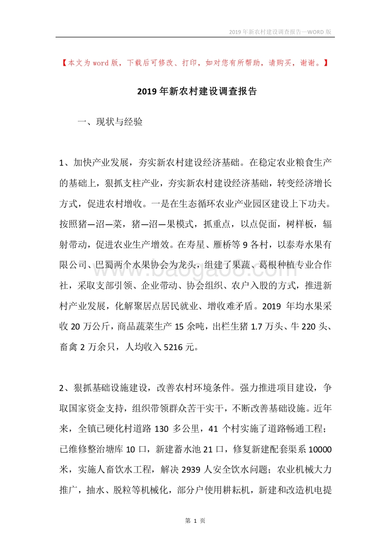 2019年新农村建设调查报告.docx_第1页