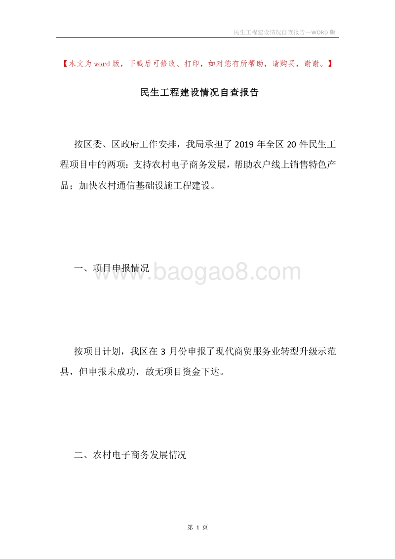 民生工程建设情况自查报告.docx_第1页