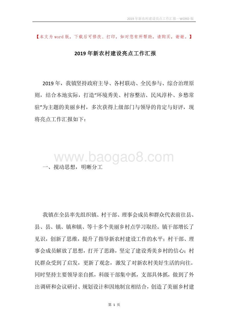 2019年新农村建设亮点工作汇报.docx_第1页