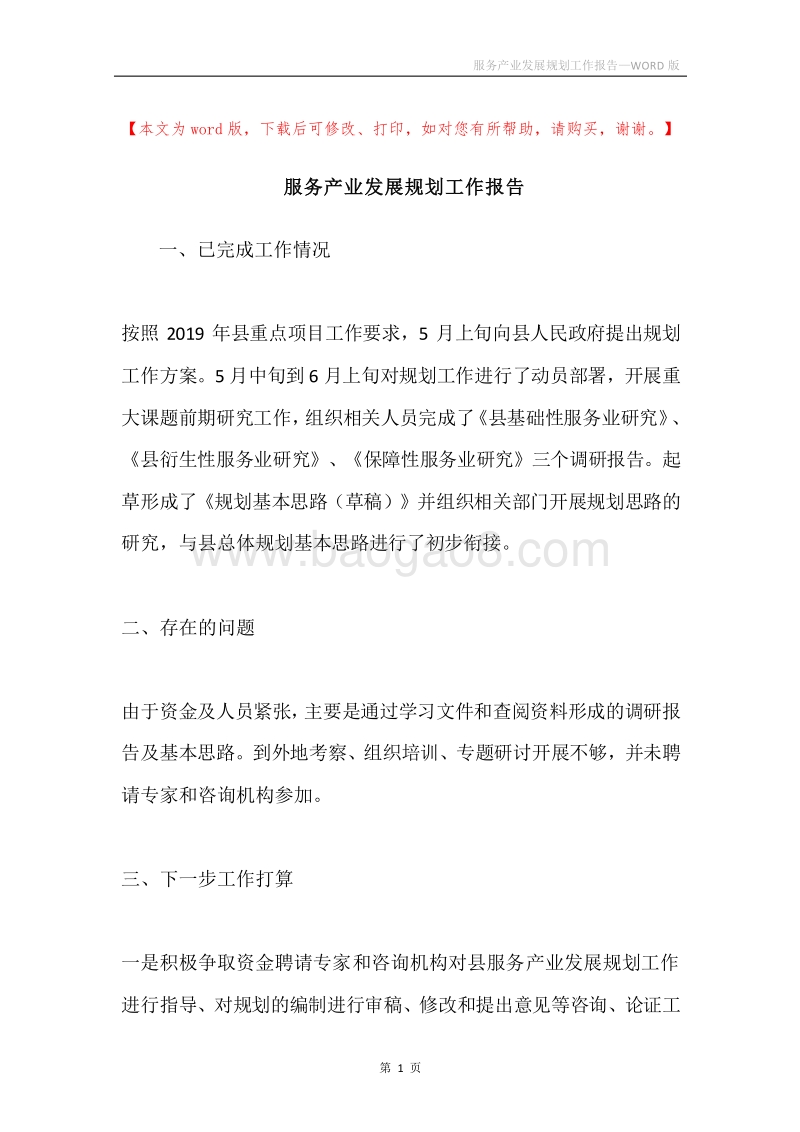 服务产业发展规划工作报告.docx_第1页
