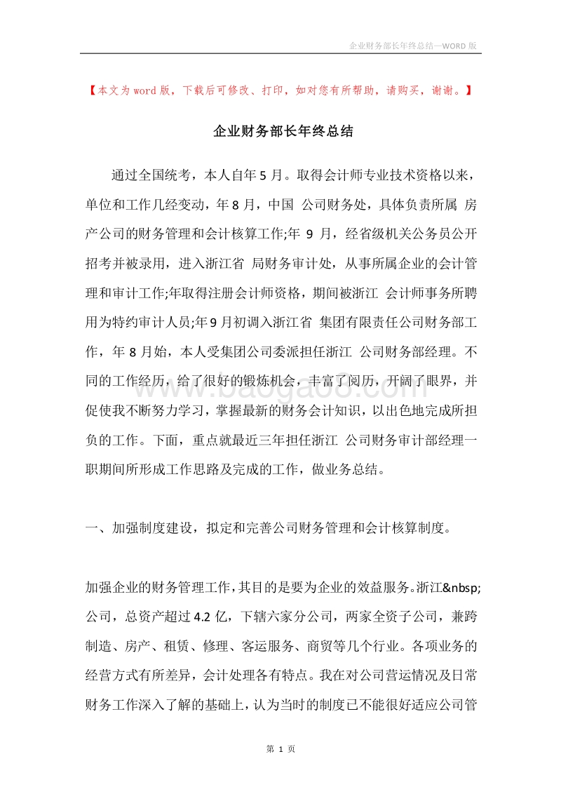 企业财务部长年终总结.docx_第1页