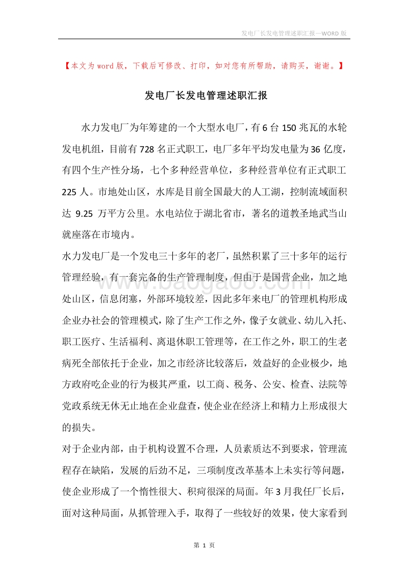 发电厂长发电管理述职汇报.docx_第1页