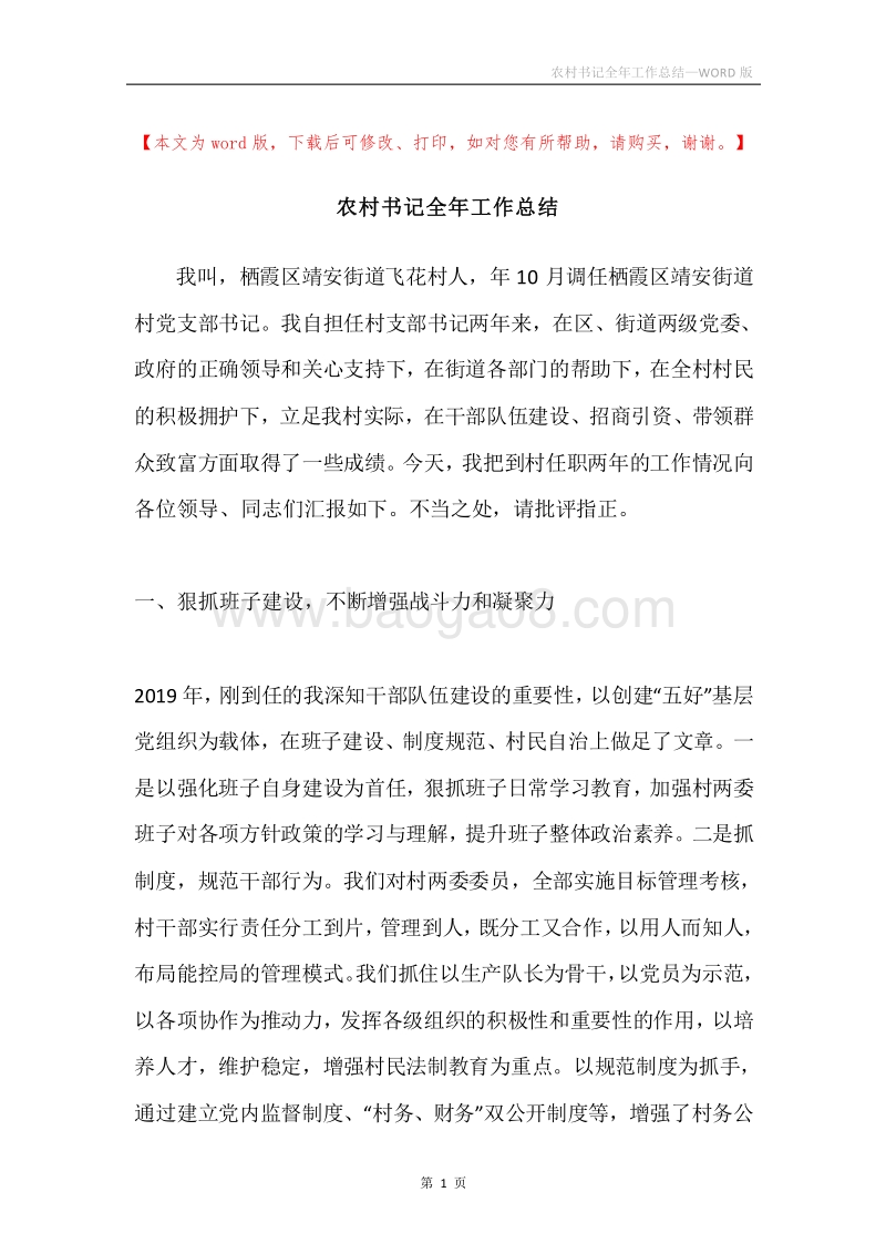 农村书记全年工作总结.docx_第1页
