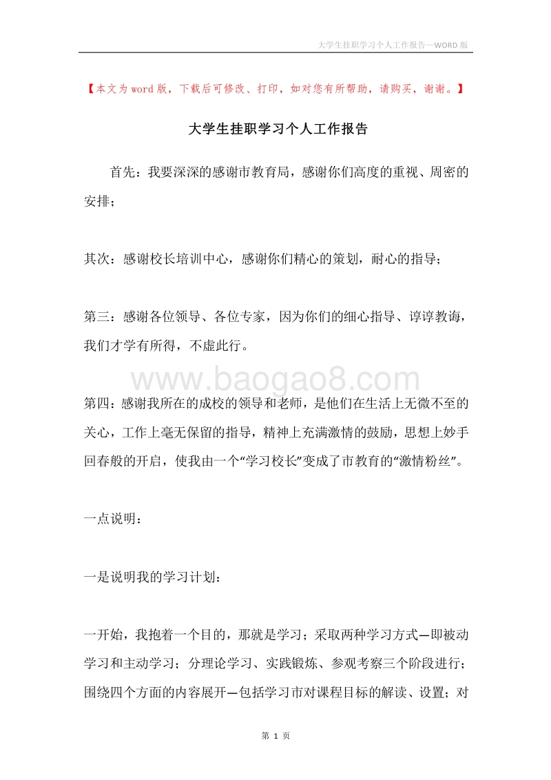 大学生挂职学习个人工作报告.docx_第1页