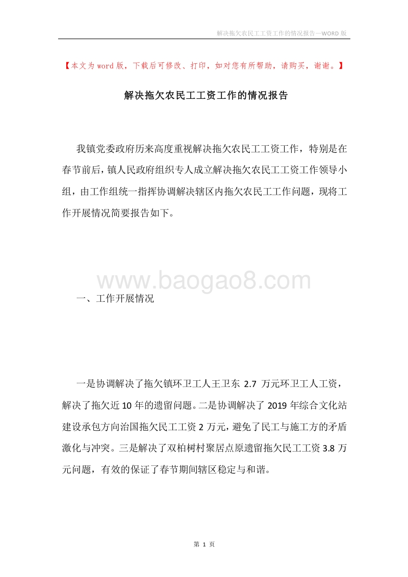 解决拖欠农民工工资工作的情况报告.docx_第1页