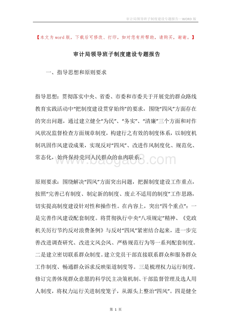 审计局领导班子制度建设专题报告.docx_第1页