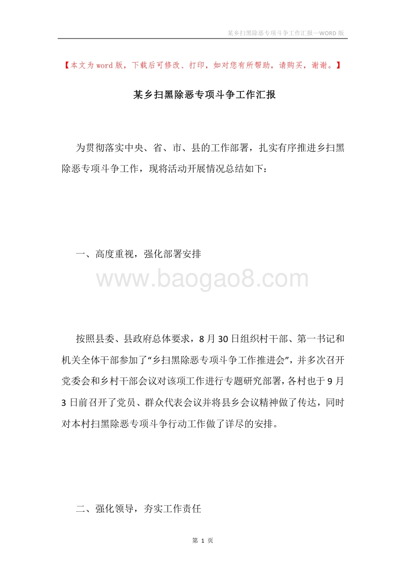 某乡扫黑除恶专项斗争工作汇报.docx_第1页