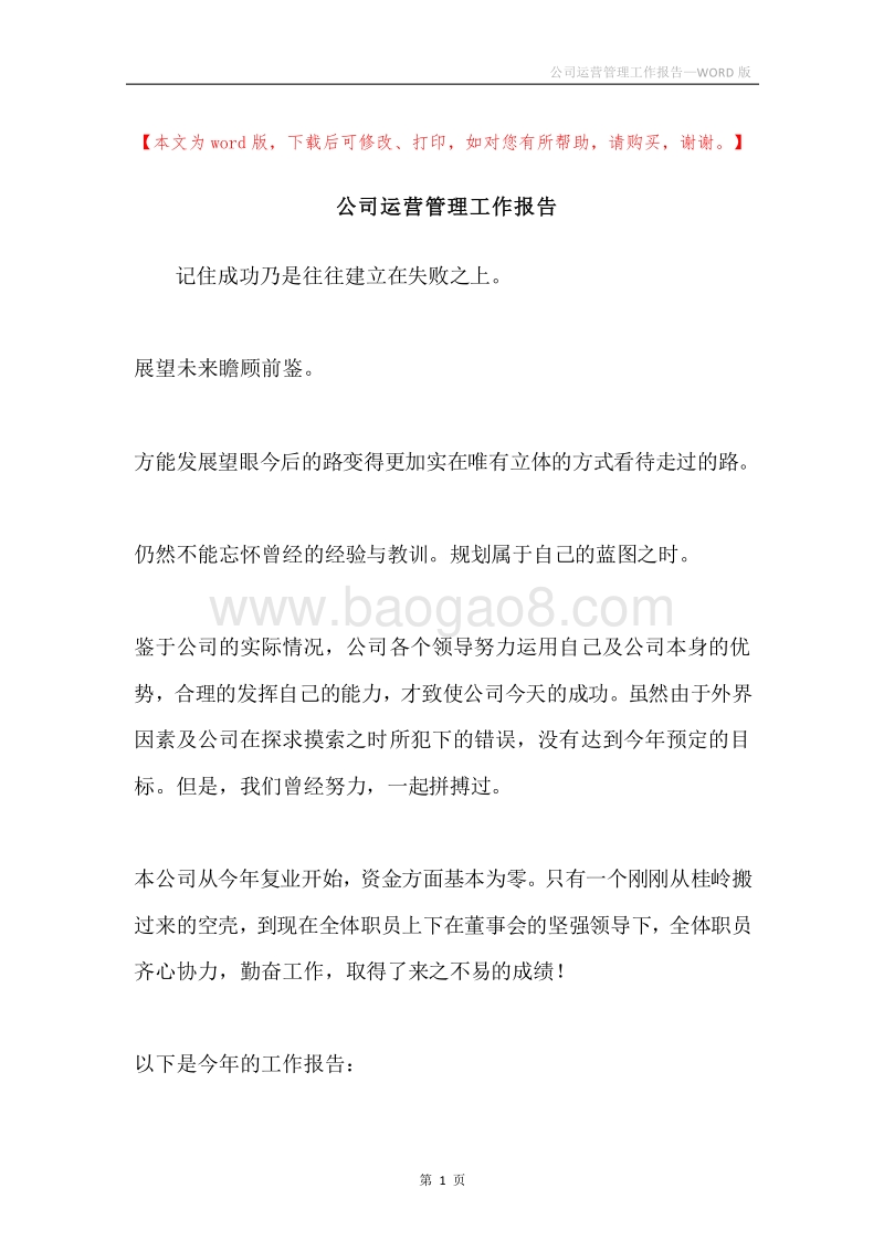 公司运营管理工作报告.docx_第1页