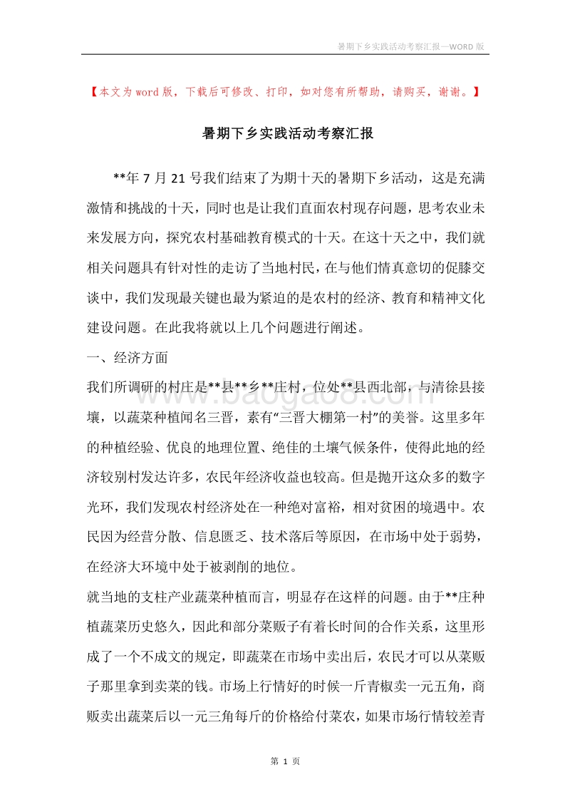 暑期下乡实践活动考察汇报.docx_第1页