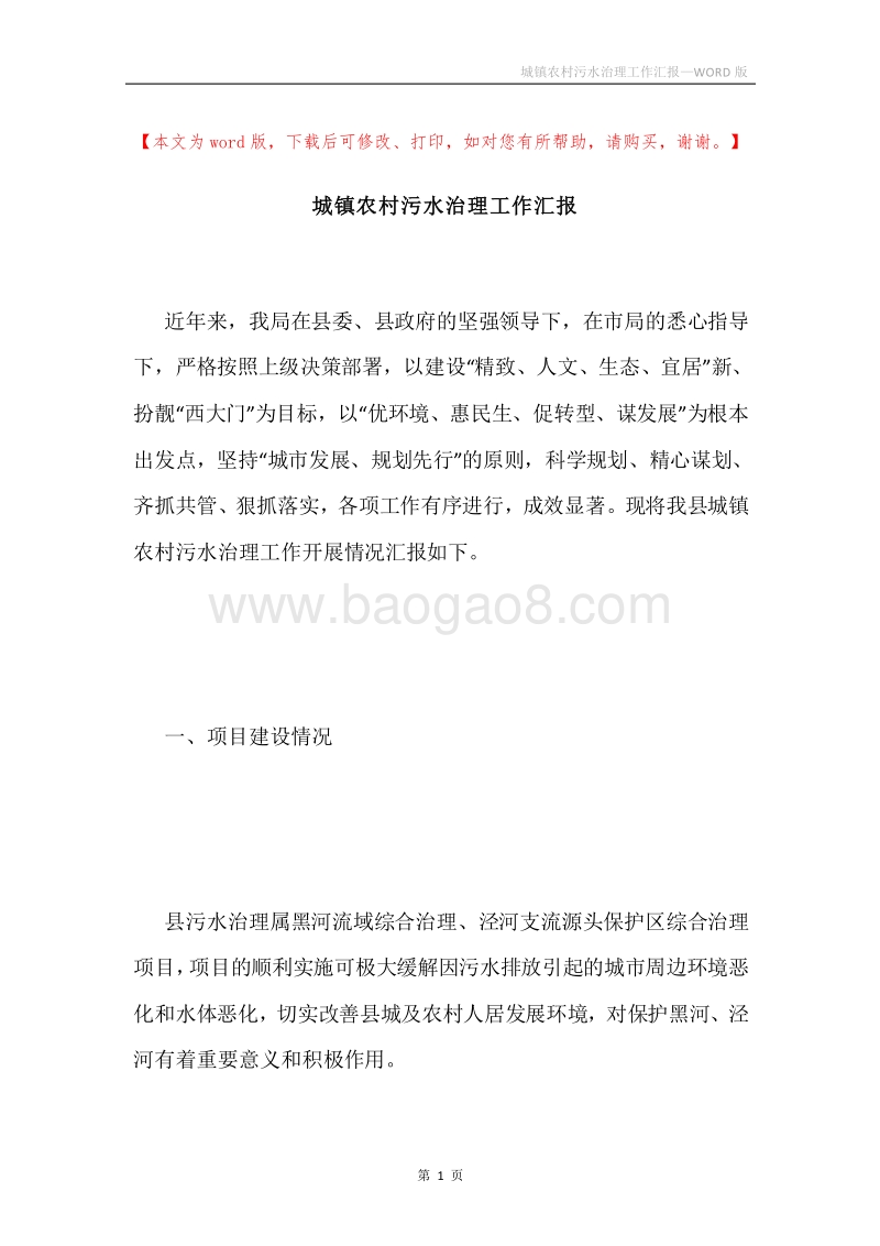 城镇农村污水治理工作汇报.docx_第1页