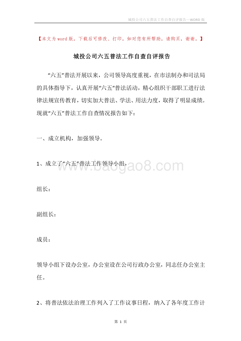 城投公司六五普法工作自查自评报告.docx_第1页