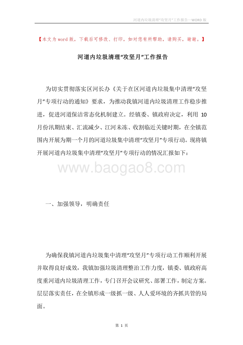 河道内垃圾清理“攻坚月”工作报告.docx_第1页