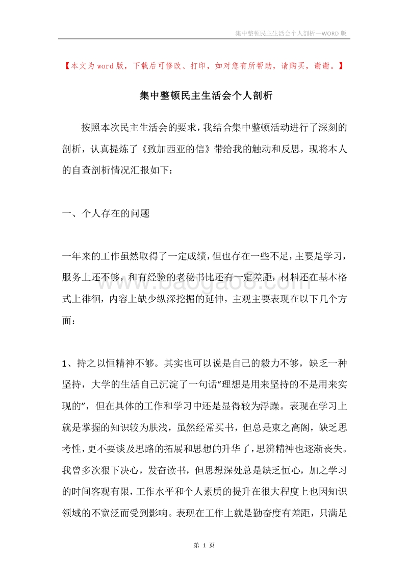 集中整顿民主生活会个人剖析.docx_第1页