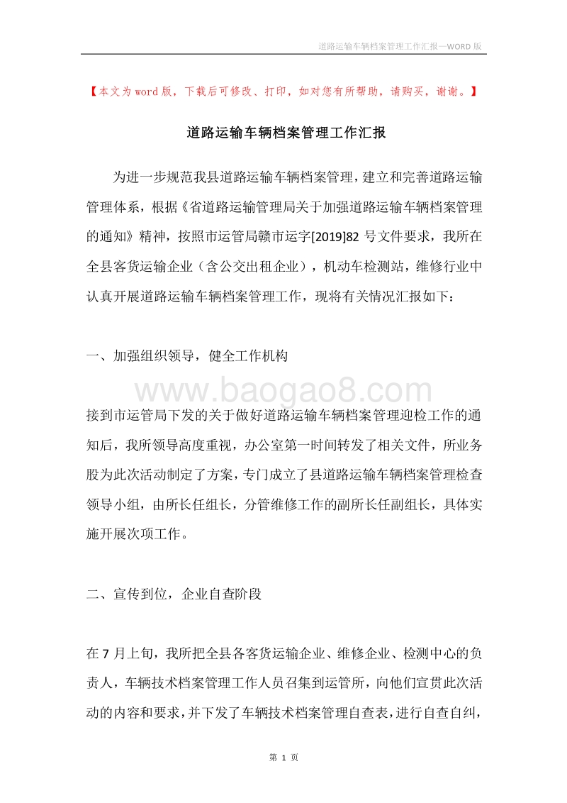 道路运输车辆档案管理工作汇报.docx_第1页