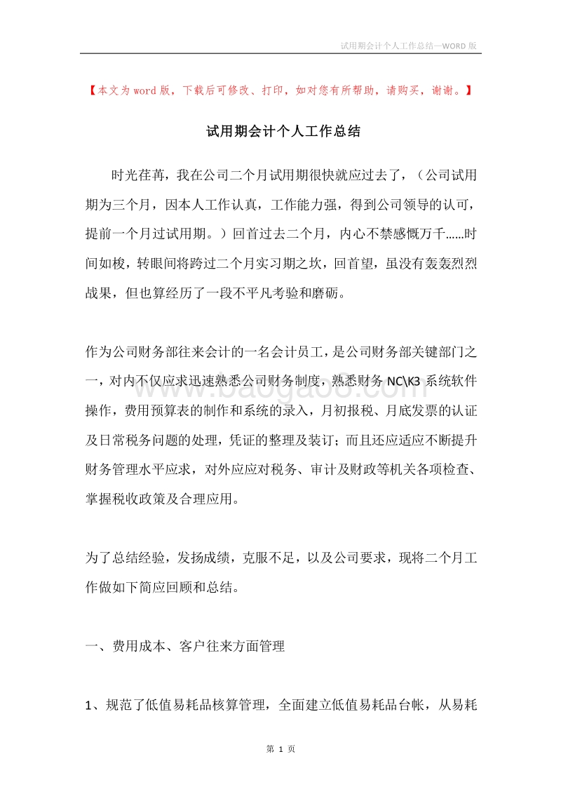 试用期会计个人工作总结.docx_第1页