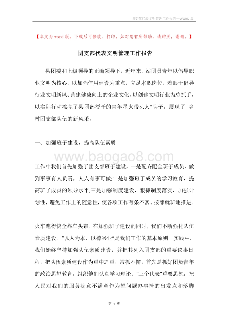 团支部代表文明管理工作报告.docx_第1页