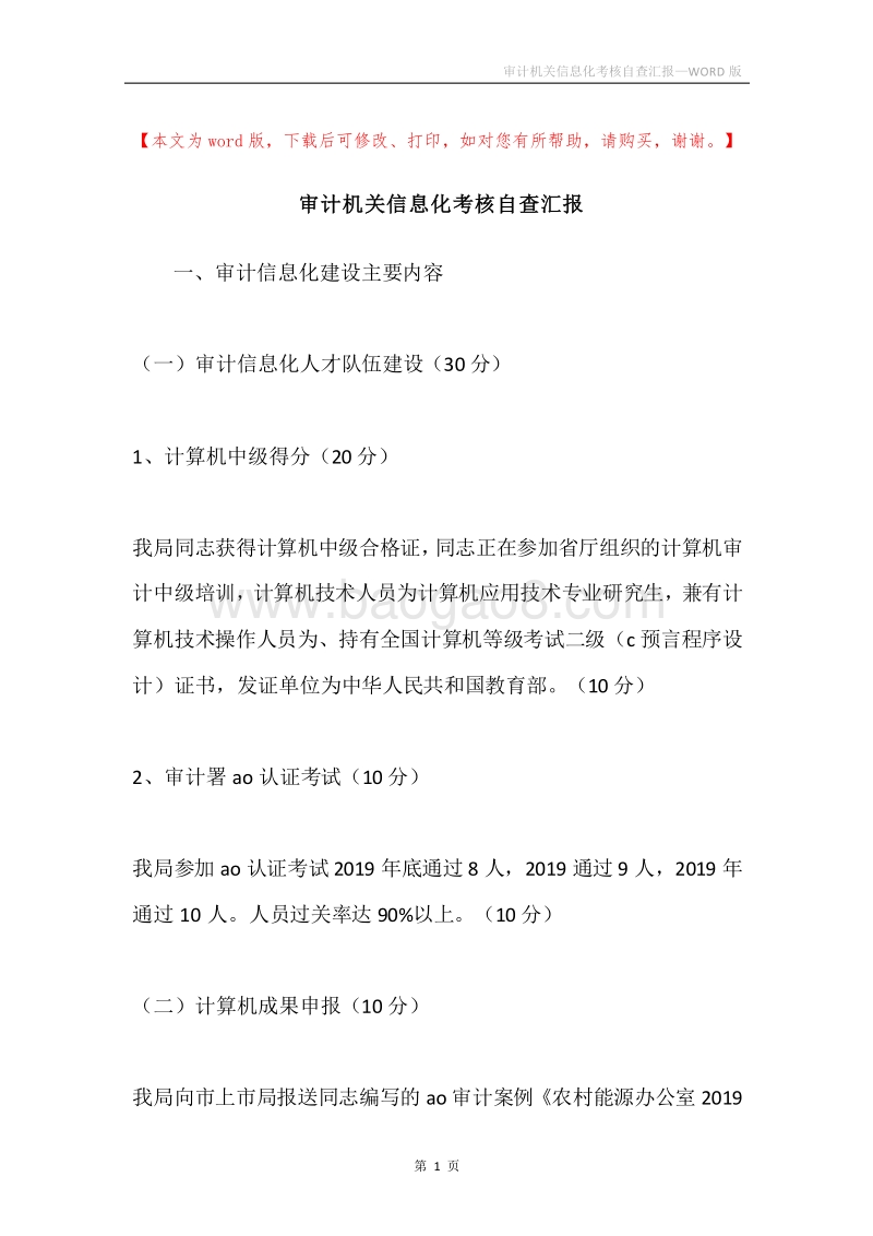 审计机关信息化考核自查汇报.docx_第1页