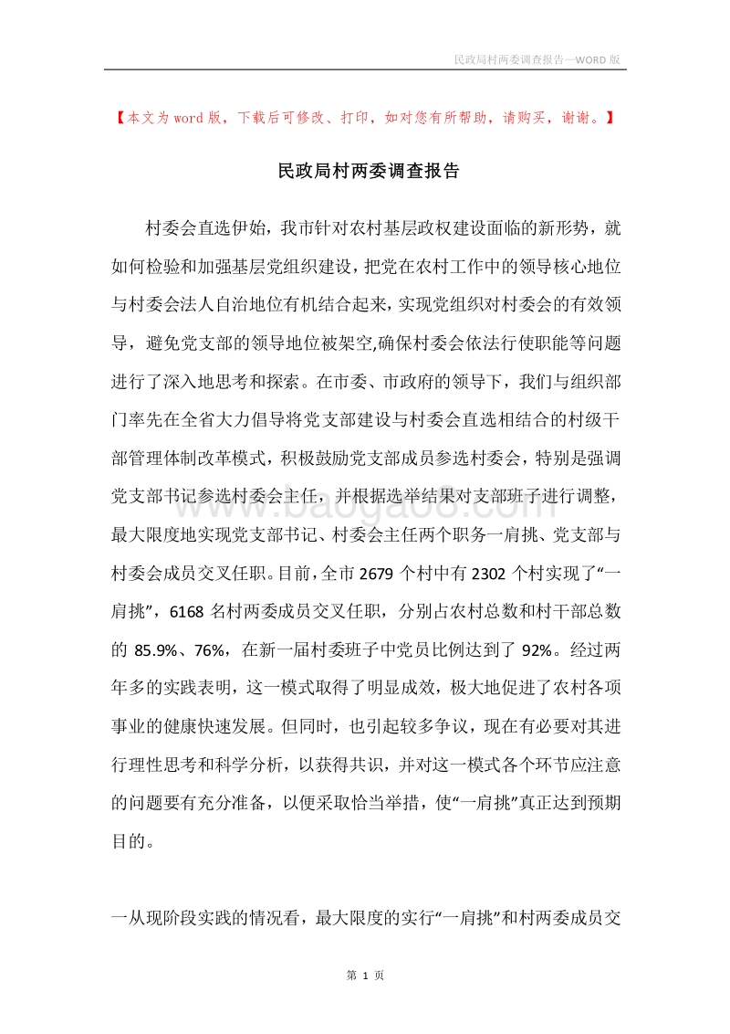 民政局村两委调查报告.docx_第1页