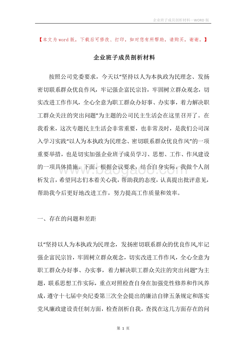 企业班子成员剖析材料.docx_第1页