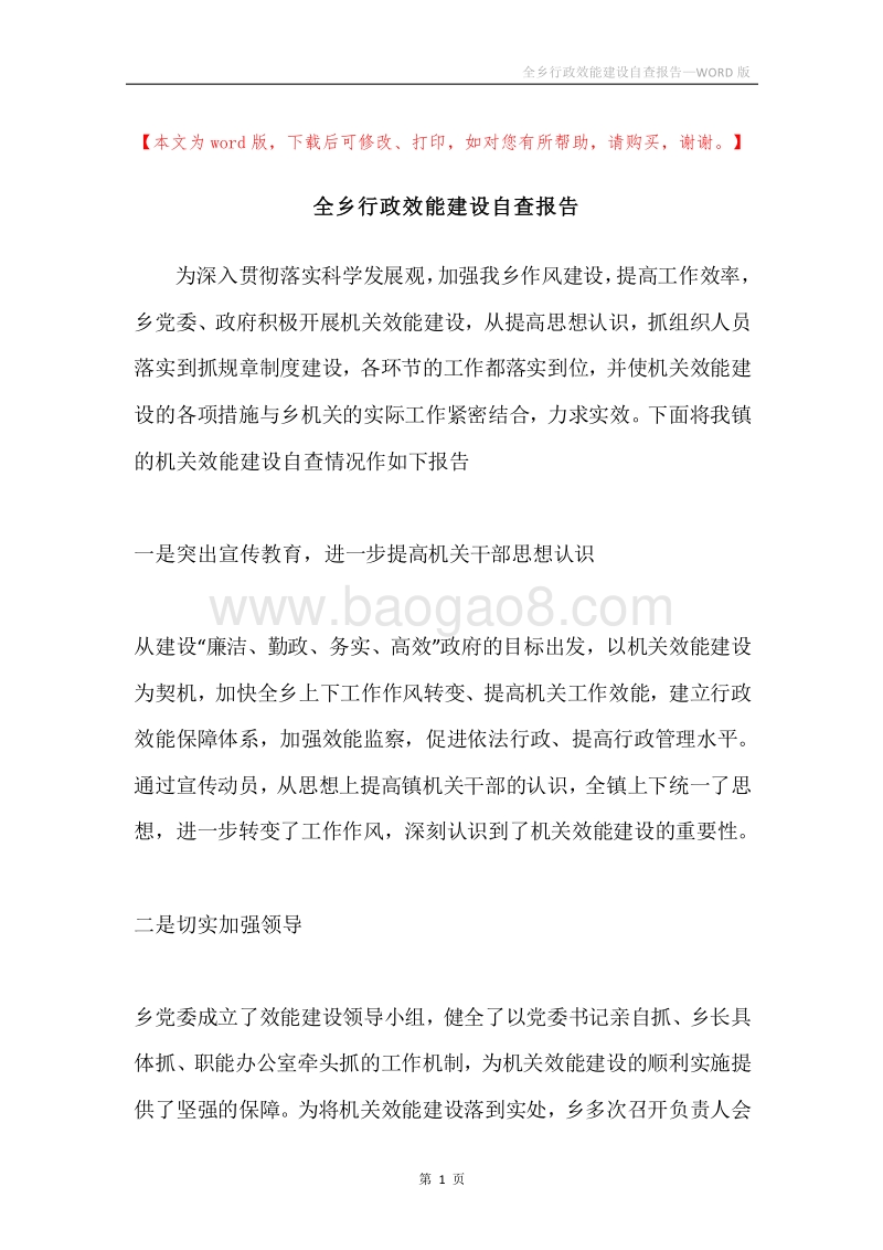全乡行政效能建设自查报告.docx_第1页