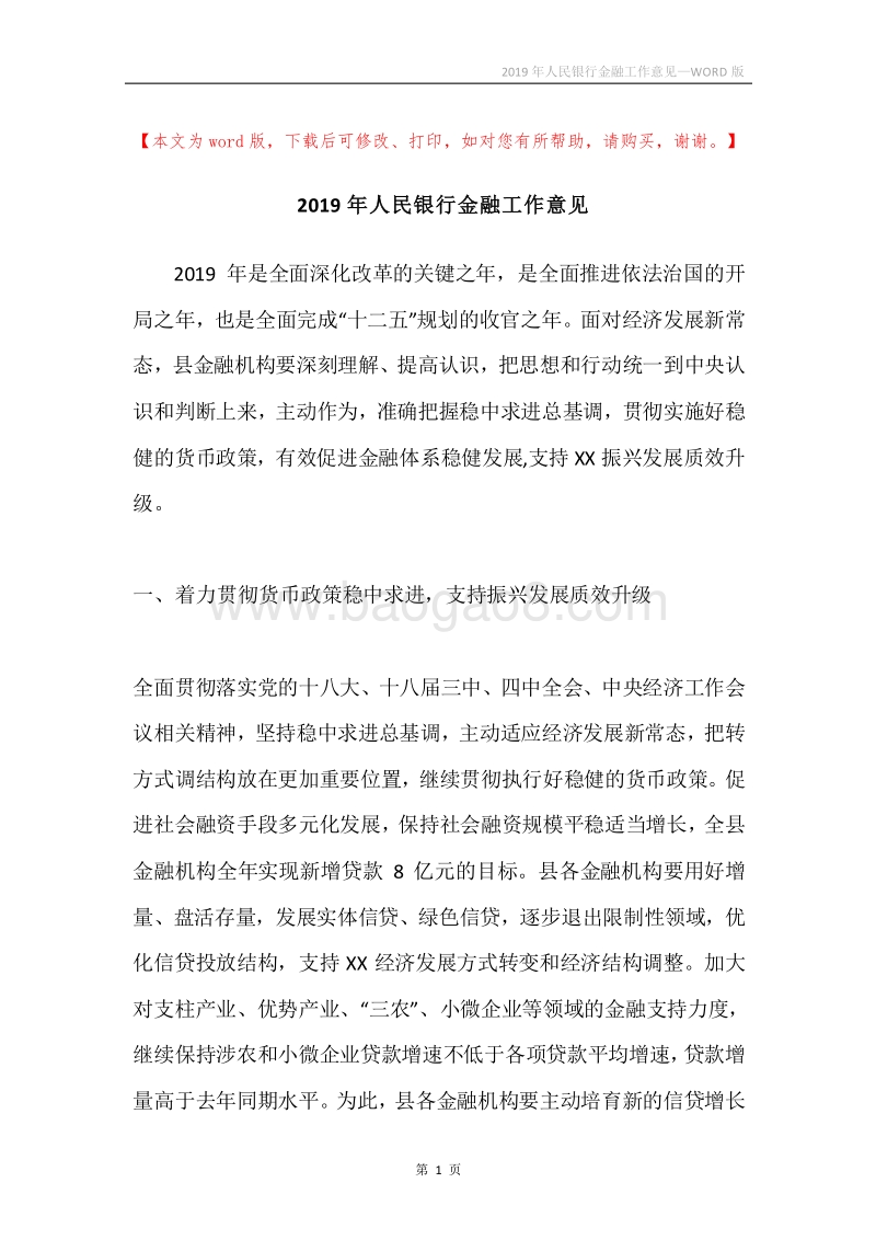 2019年人民银行金融工作意见.docx_第1页
