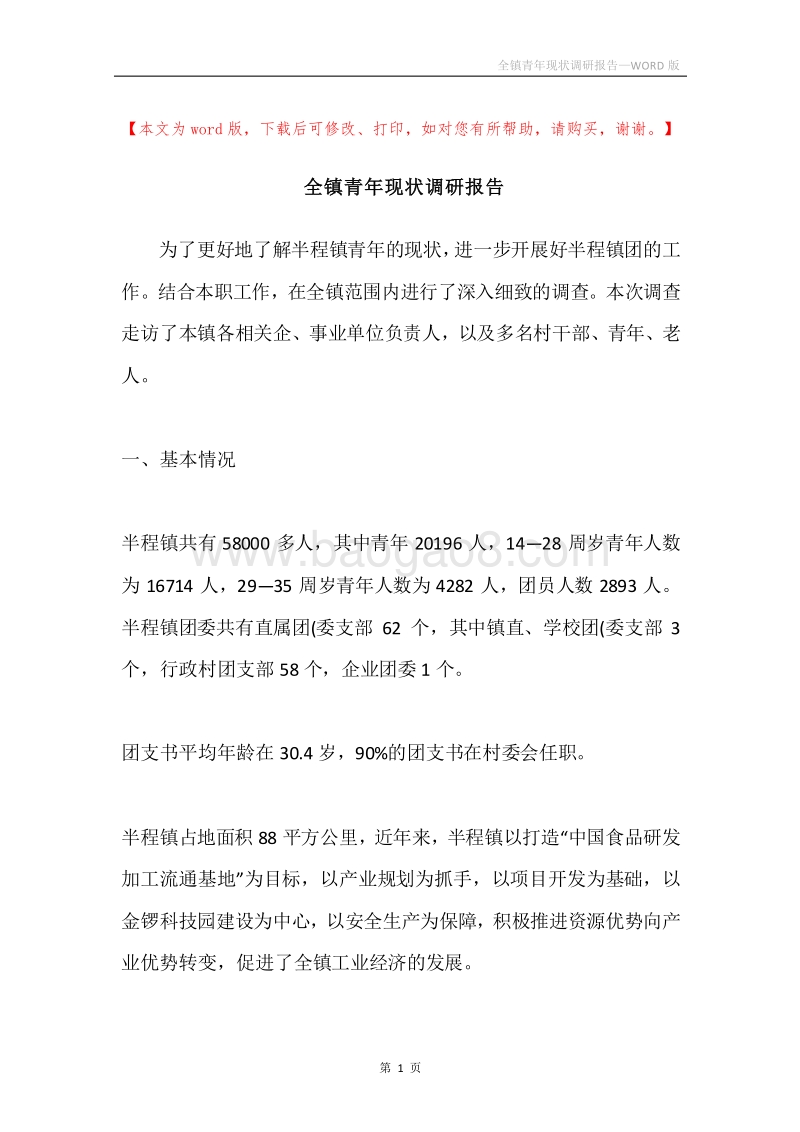 全镇青年现状调研报告.docx_第1页