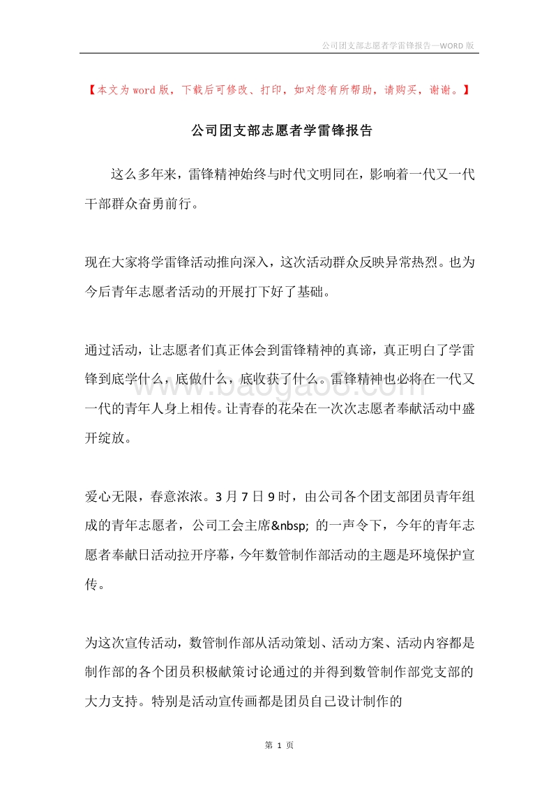 公司团支部志愿者学雷锋报告.docx_第1页