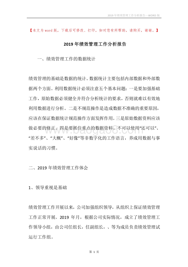 2019年绩效管理工作分析报告.docx_第1页