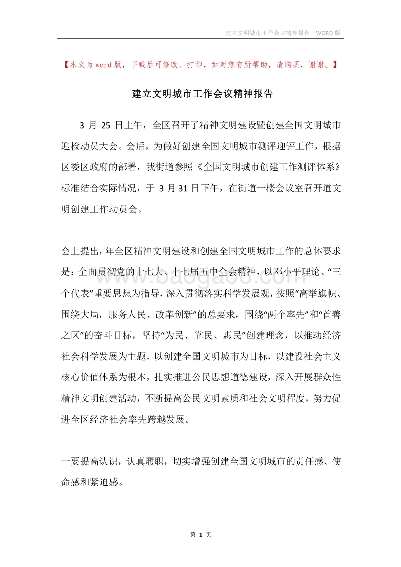 建立文明城市工作会议精神报告.docx_第1页