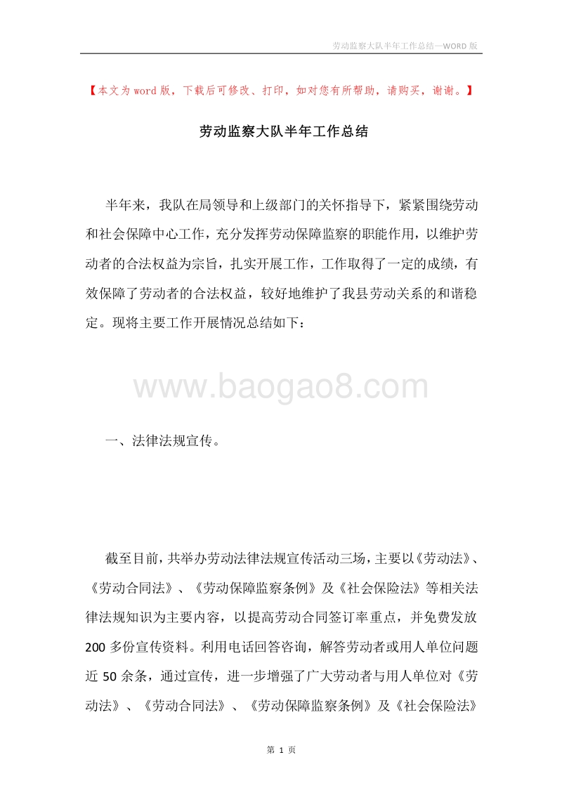 劳动监察大队半年工作总结.docx_第1页