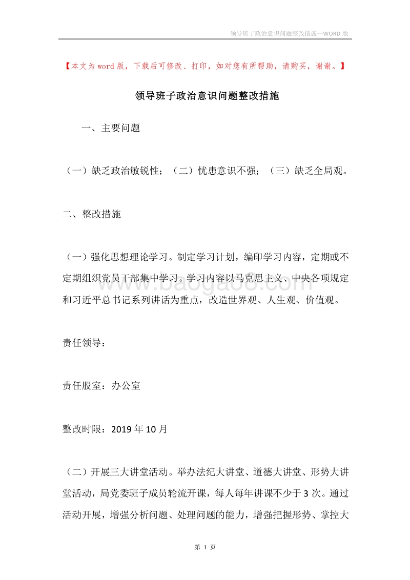 领导班子政治意识问题整改措施.docx_第1页