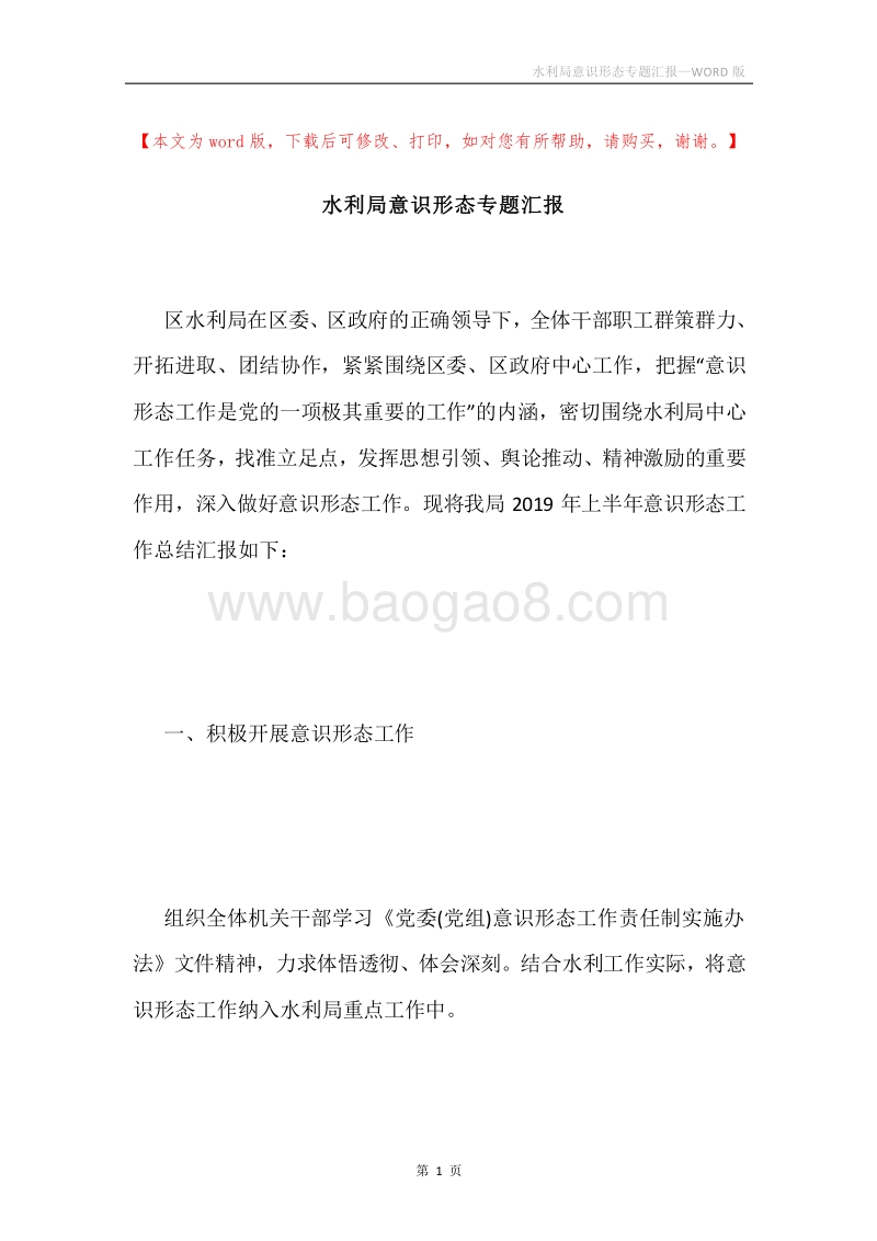 水利局意识形态专题汇报.docx_第1页