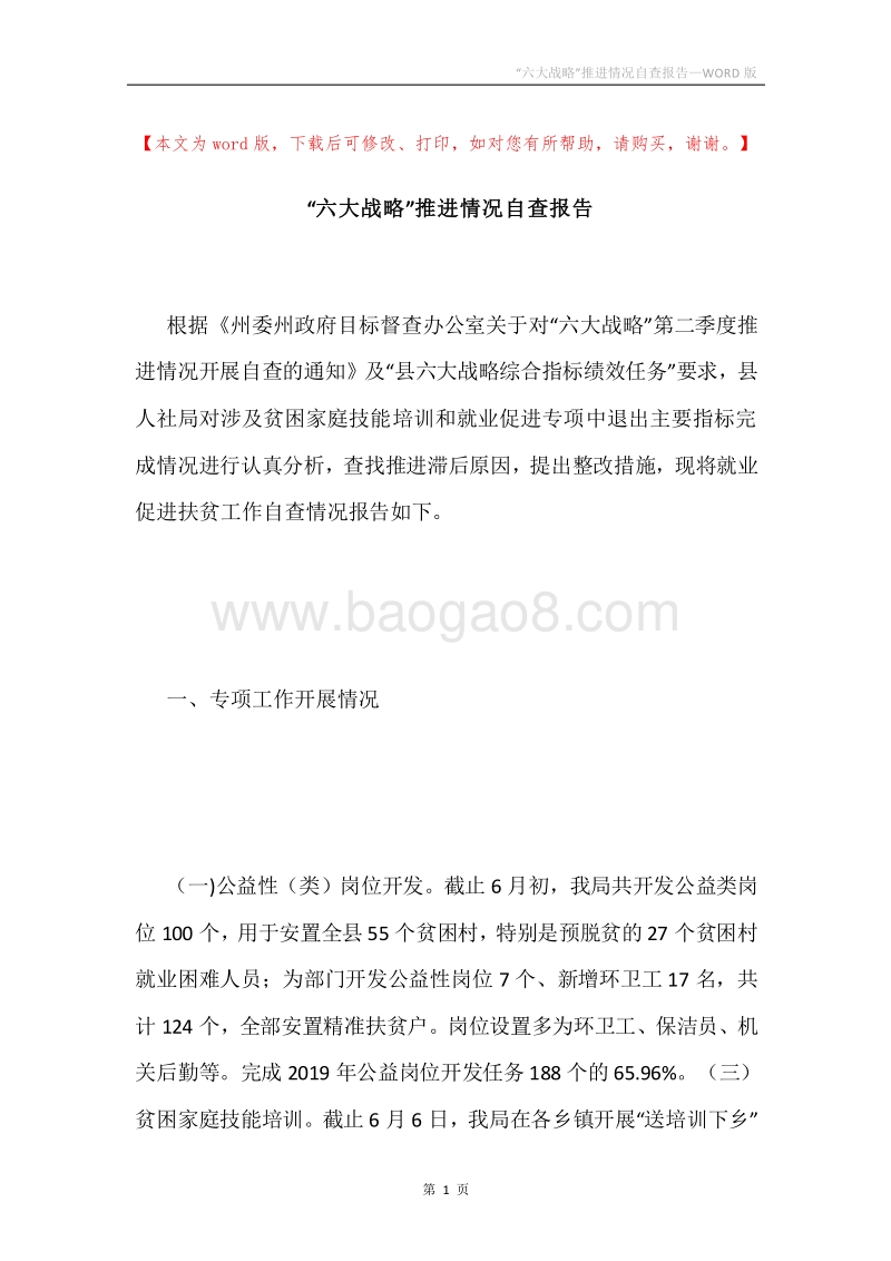 “六大战略”推进情况自查报告.docx_第1页