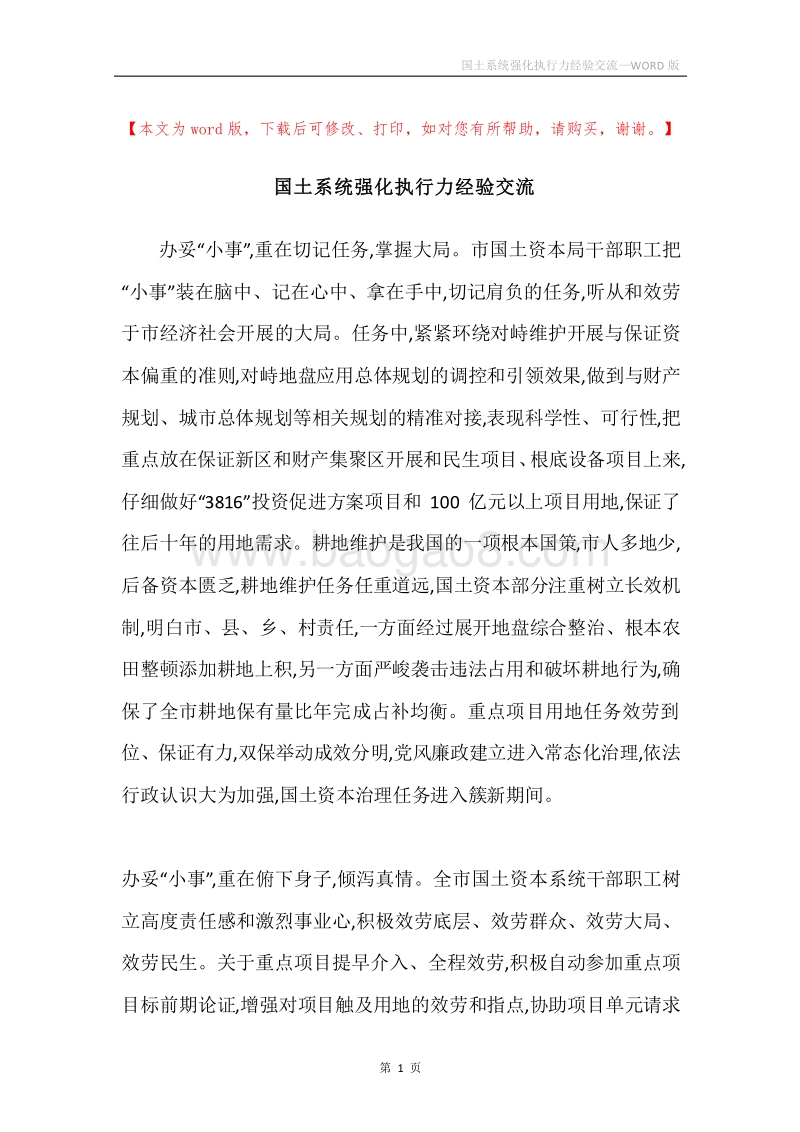 国土系统强化执行力经验交流.docx_第1页