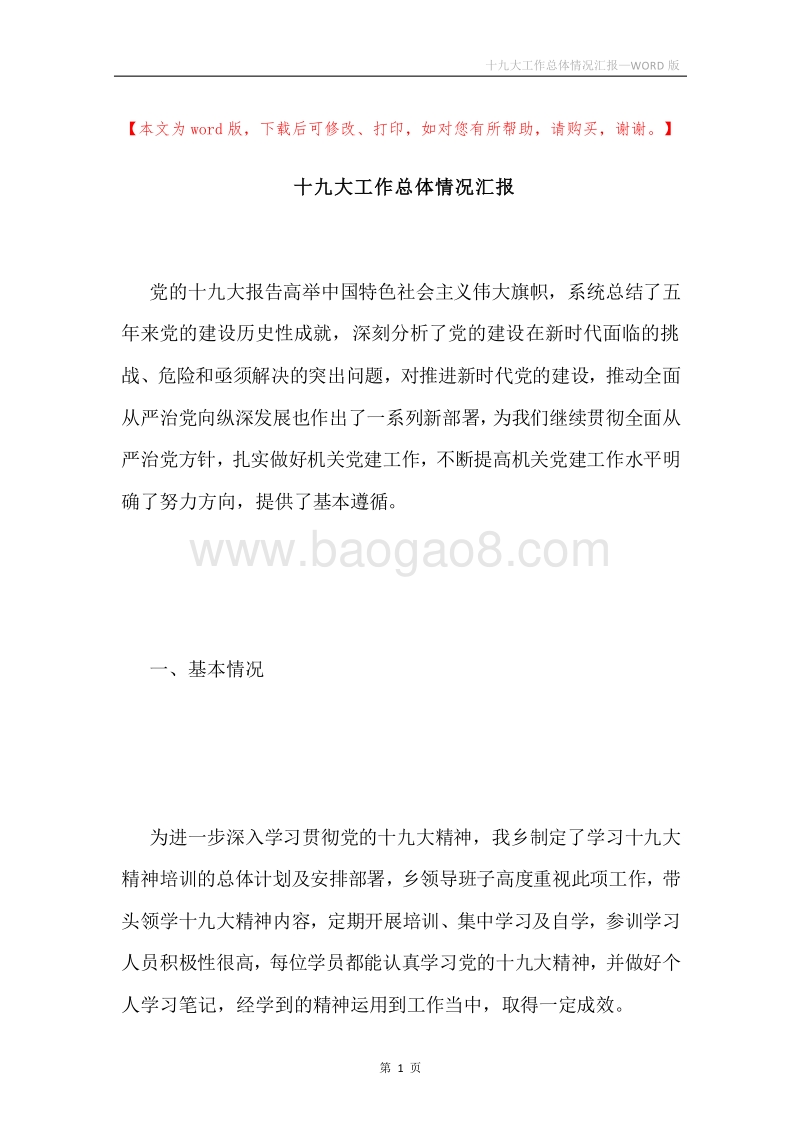 十九大工作总体情况汇报.docx_第1页