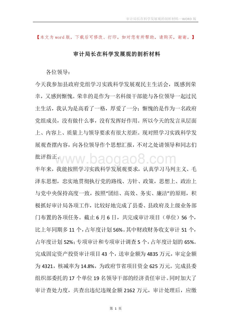 审计局长在科学发展观的剖析材料_2.docx_第1页