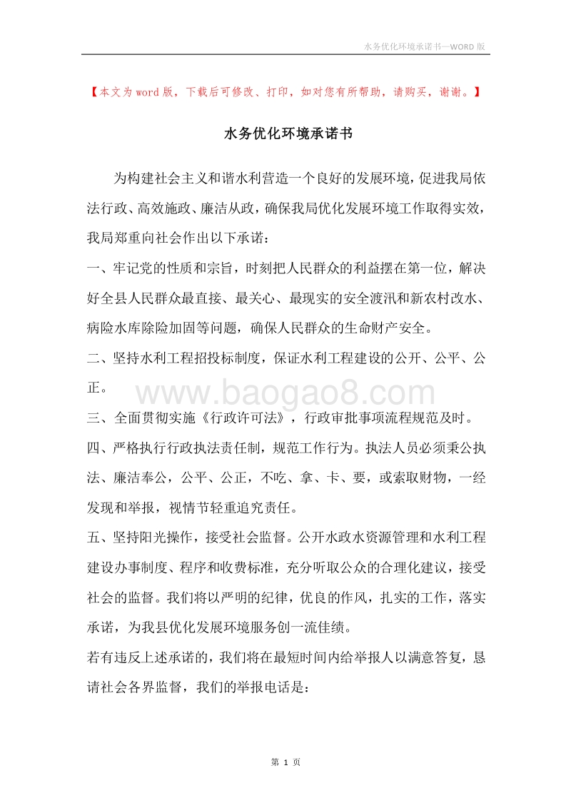 水务优化环境承诺书.docx_第1页