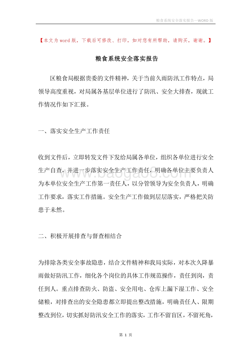 粮食系统安全落实报告.docx_第1页
