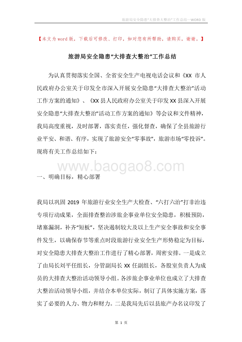 旅游局安全隐患“大排查大整治”工作总结.docx_第1页