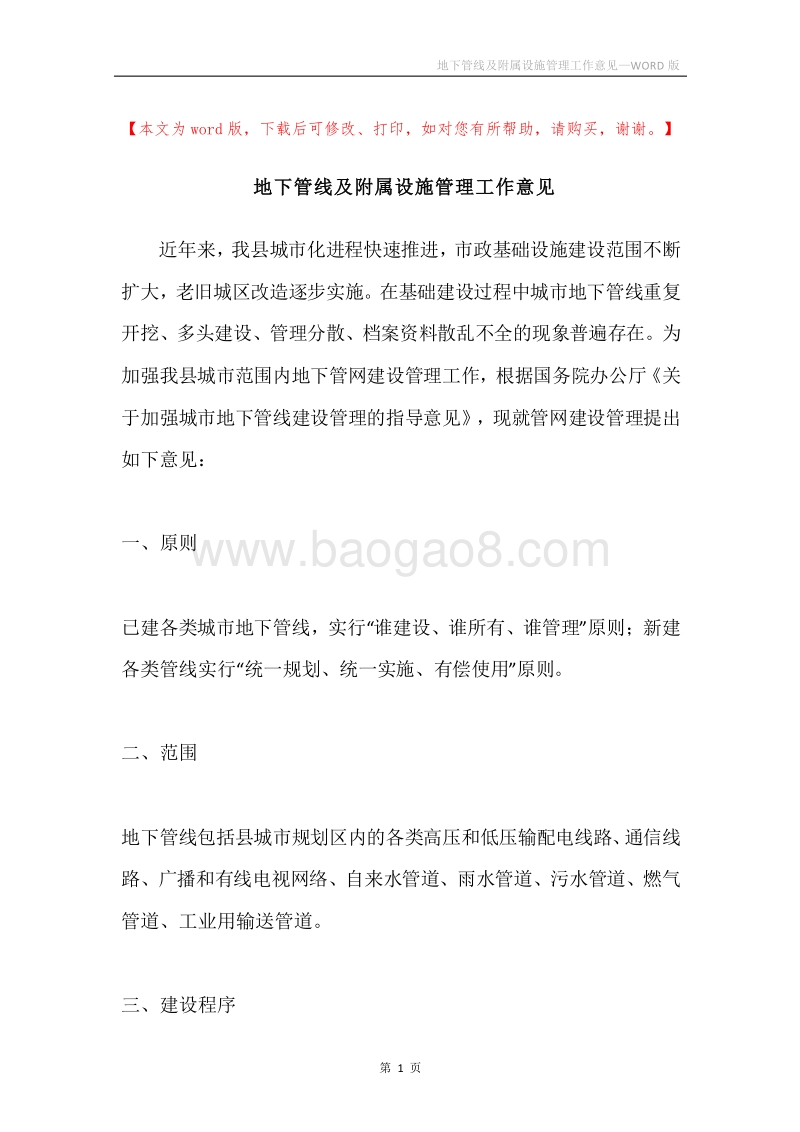 地下管线及附属设施管理工作意见.docx_第1页