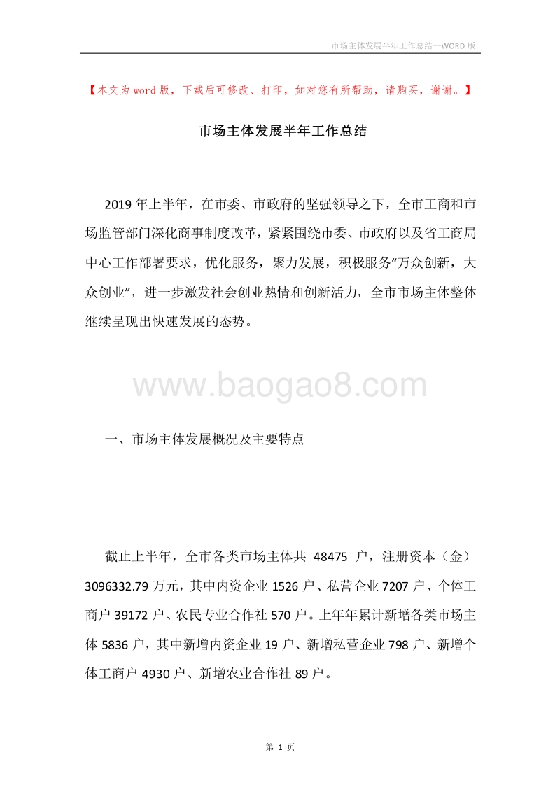 市场主体发展半年工作总结.docx_第1页
