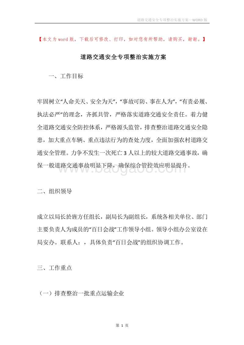 道路交通安全专项整治实施方案.docx_第1页