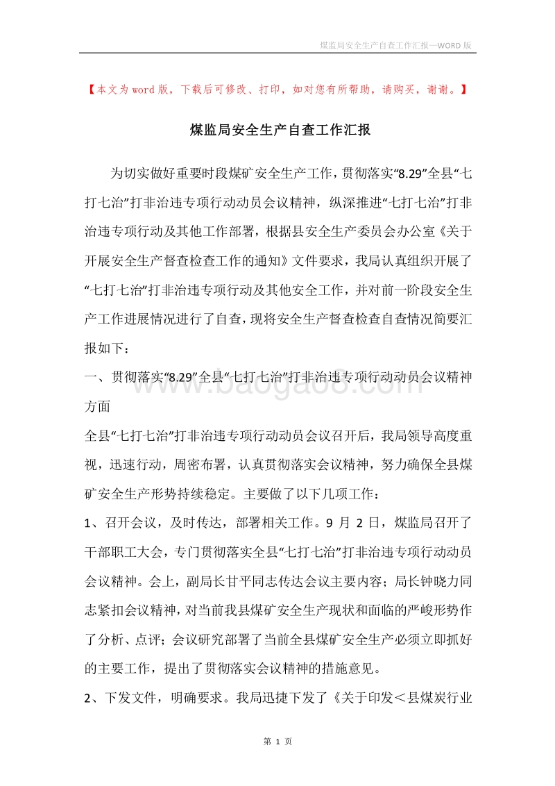 煤监局安全生产自查工作汇报.docx_第1页