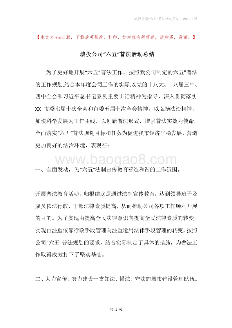 城投公司“六五”普法活动总结.docx_第1页